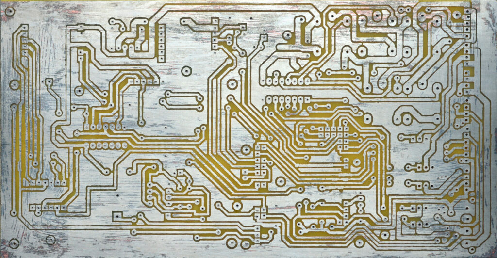 Zoomed in photo of an etched PCB