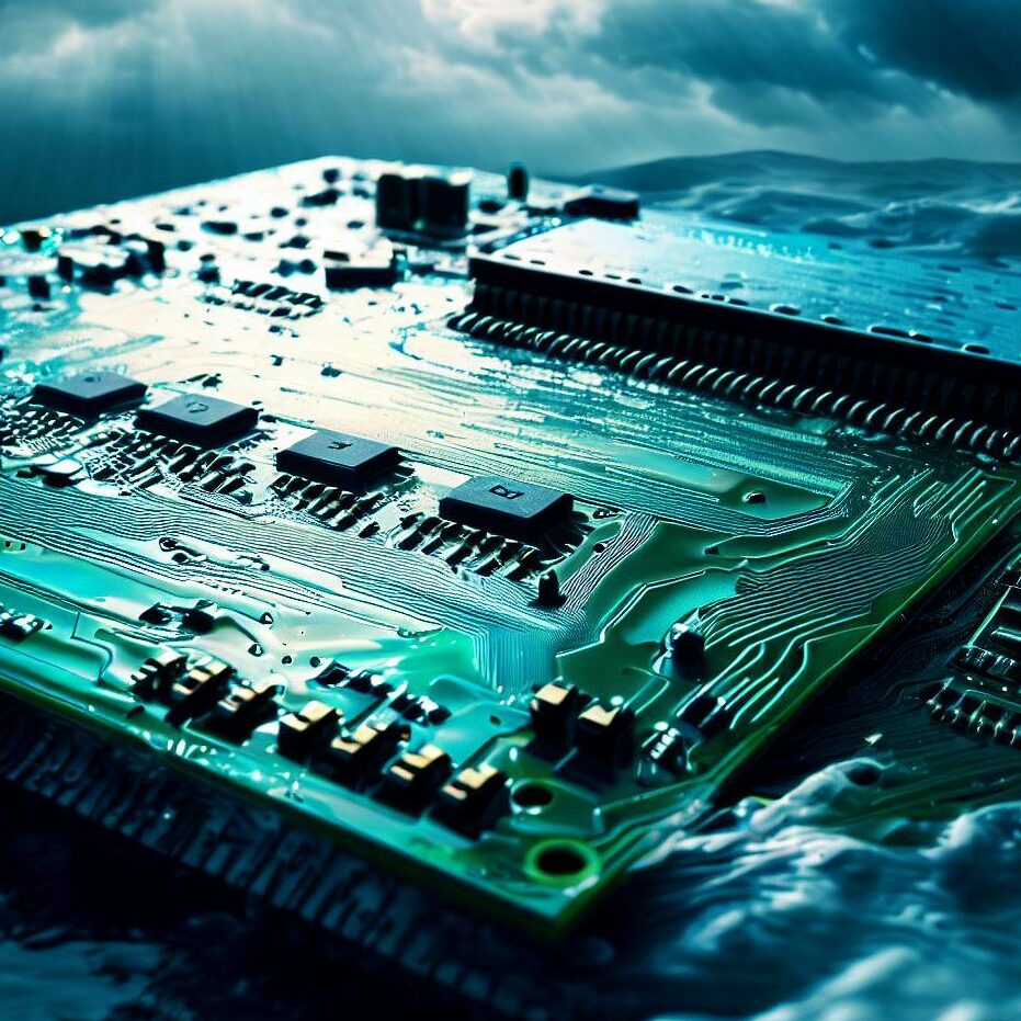 PCB in the ocean to symbolise the conditions that our PCBs can withstand