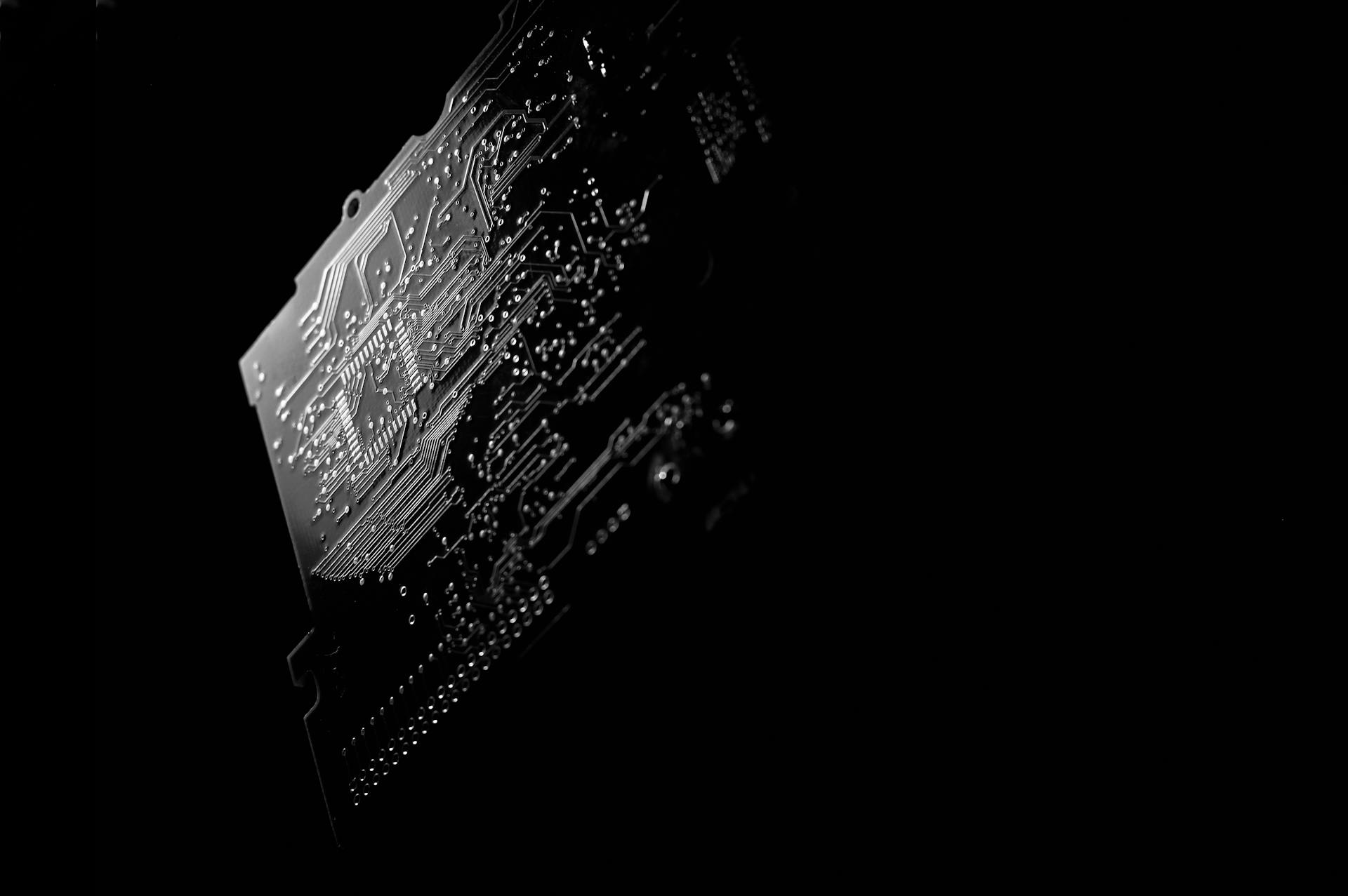A PCB image in black and white